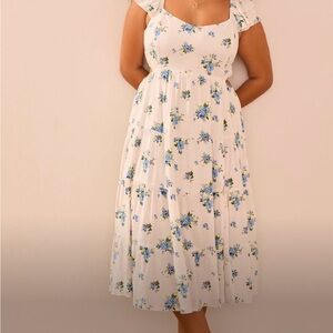 ARULA Cream and Blue Floral Midi Dress